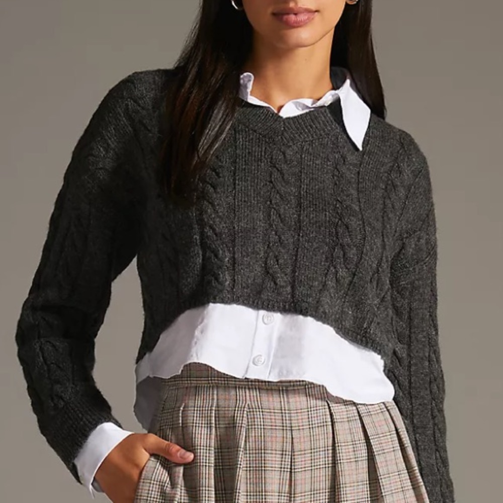 Brand NEW ♥️ ANTHROPOLOGIE - Dark grey cable knit twofer sweater